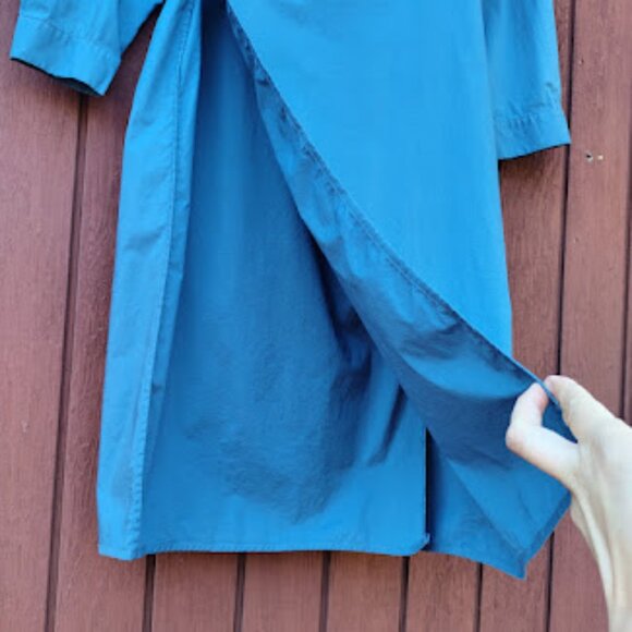 SEA NEW YORK | Blue Asymmetric Ruffle Neck Stretch Cotton Poplin Wrap Midi Dress - Picture 7 of 12